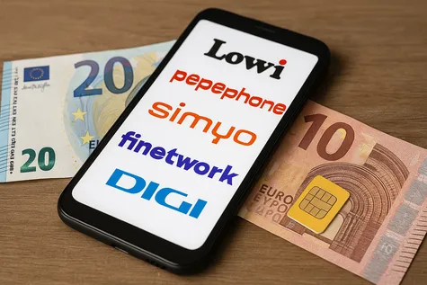 Móvil con logos de Lowi, Pepephone, Simyo, Finetwork y Digi sobre billetes de euro y tarjeta SIM.