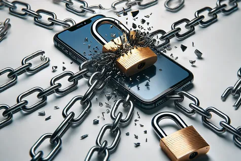 Ilustración realista de un smartphone rodeado de una cadena y un candado que se rompen, simbolizando libertad de compromiso