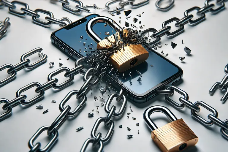 Ilustración realista de un smartphone rodeado de una cadena y un candado que se rompen, simbolizando libertad de compromiso