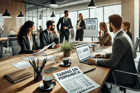 Reunión empresarial en oficina moderna sobre tarifas sin permanencia para empresas