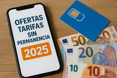 Smartphone con oferta de tarifas sin permanencia 2025, tarjeta SIM y billetes de euro.