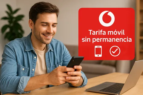 Hombre contratando tarifa Vodafone sin permanencia desde el móvil en casa