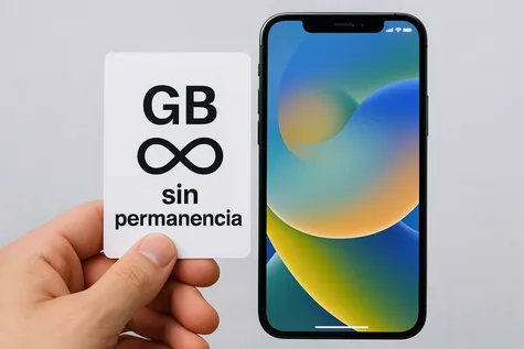 Mano sostiene tarjeta GB sin permanencia junto a iPhone con fondo típico de pantalla.