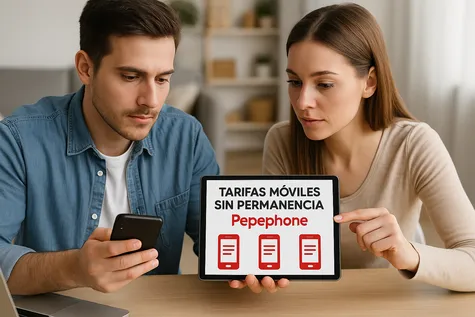 Pareja comparando tarifas móviles Pepephone sin permanencia en tablet y móvil
