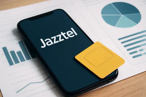 Smartphone con pantalla que muestra la palabra “Jazztel” y una tarjeta SIM amarilla sobre gráficos.