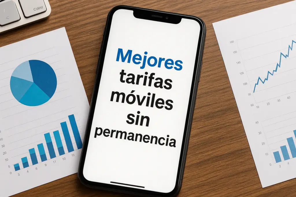 Smartphone muestra tarifas móviles sin permanencia con “mejores” en azul y gráficos alrededor.