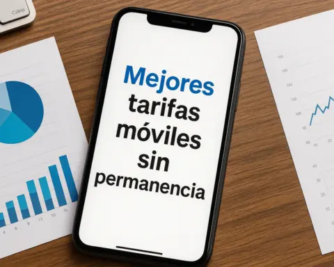 Smartphone muestra tarifas móviles sin permanencia con “mejores” en azul y gráficos alrededor.