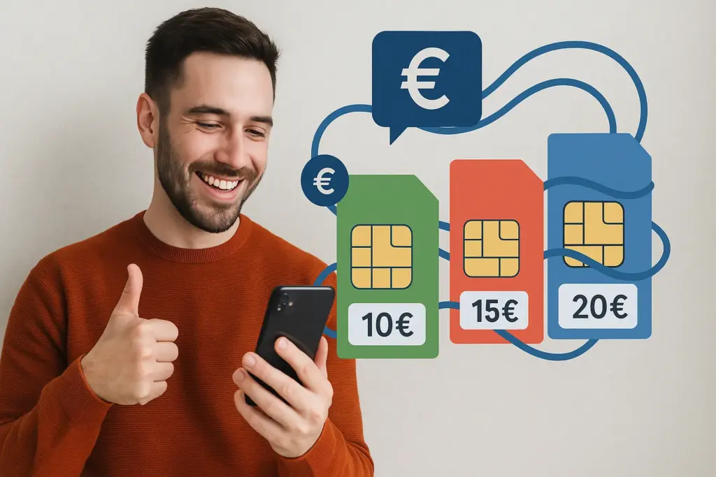 Hombre feliz comparando tarifas móviles en su smartphone con tarjetas SIM de distintos precios.