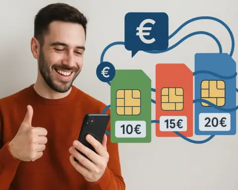 Hombre feliz comparando tarifas móviles en su smartphone con tarjetas SIM de distintos precios.