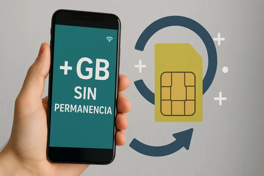 Foto realista de móvil con "+GB sin permanencia" y tarjeta SIM, sujeta por una mano bien definida.
