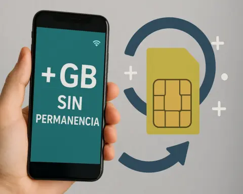 Foto realista de móvil con "+GB sin permanencia" y tarjeta SIM, sujeta por una mano bien definida.