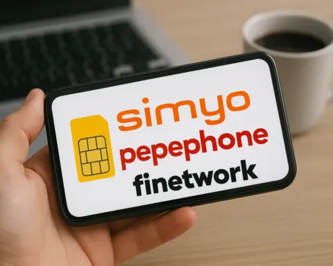 Mano con móvil mostrando tarjeta SIM y logos de Simyo, Pepephone y Finetwork alineados.