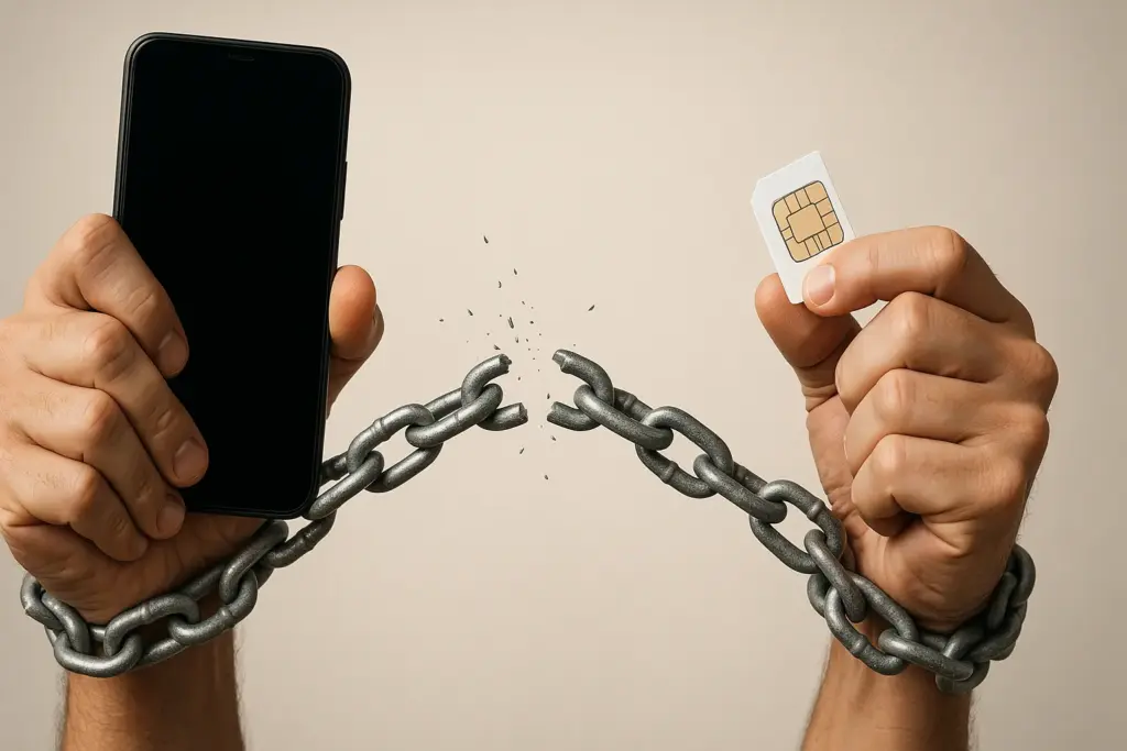 Manos rompiendo cadenas, una con móvil y otra con tarjeta SIM