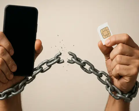 Manos rompiendo cadenas, una con móvil y otra con tarjeta SIM