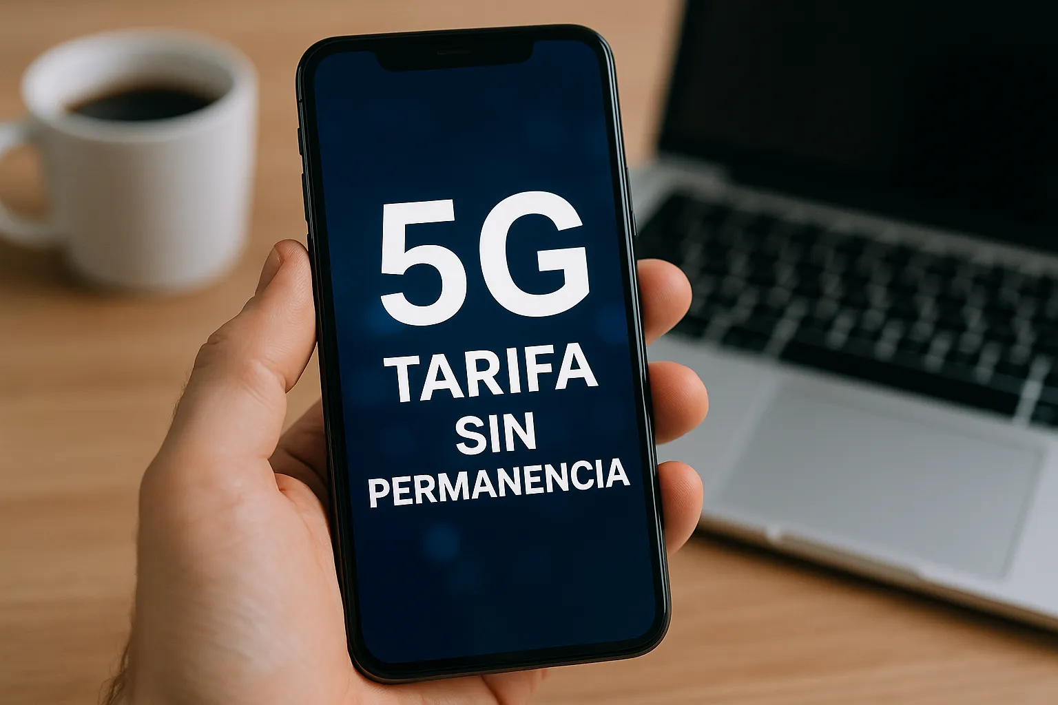 Persona sostiene un móvil con mensaje sobre tarifa 5G sin permanencia frente a portátil.