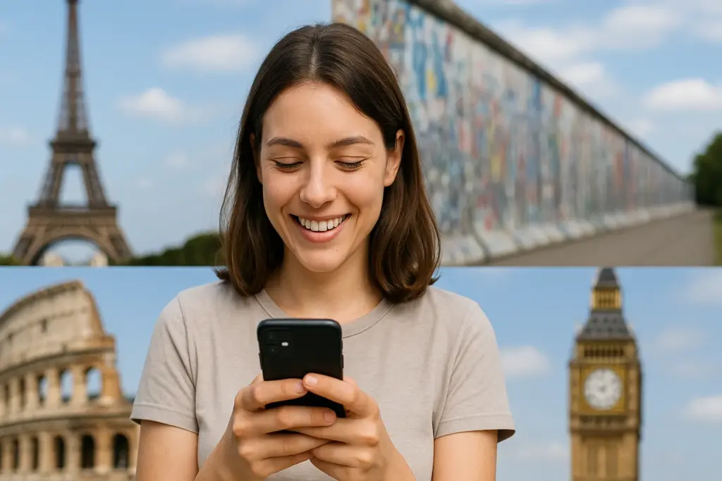 Mujer sonriente usando el móvil frente a monumentos europeos desenfocados