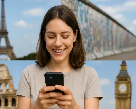 Mujer sonriente usando el móvil frente a monumentos europeos desenfocados