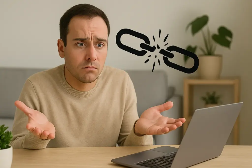 Hombre confundido ante portátil con imagen clara de cadena larga rompiéndose sobre fondo neutro.