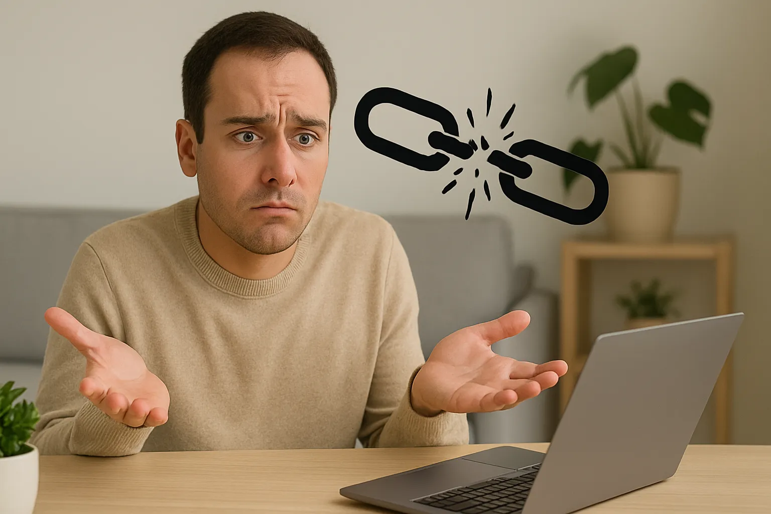 Hombre confundido ante portátil con imagen clara de cadena larga rompiéndose sobre fondo neutro.
