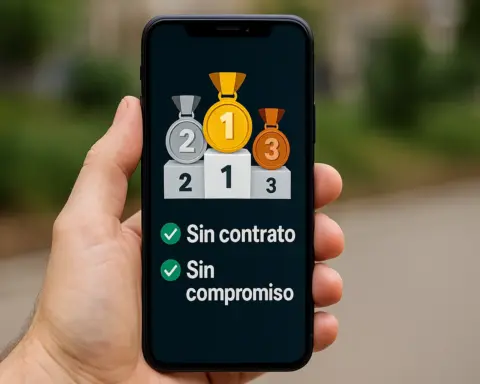 Smartphone con podio 1-2-3 con medallas y frases “Sin contrato” y “Sin compromiso” con check