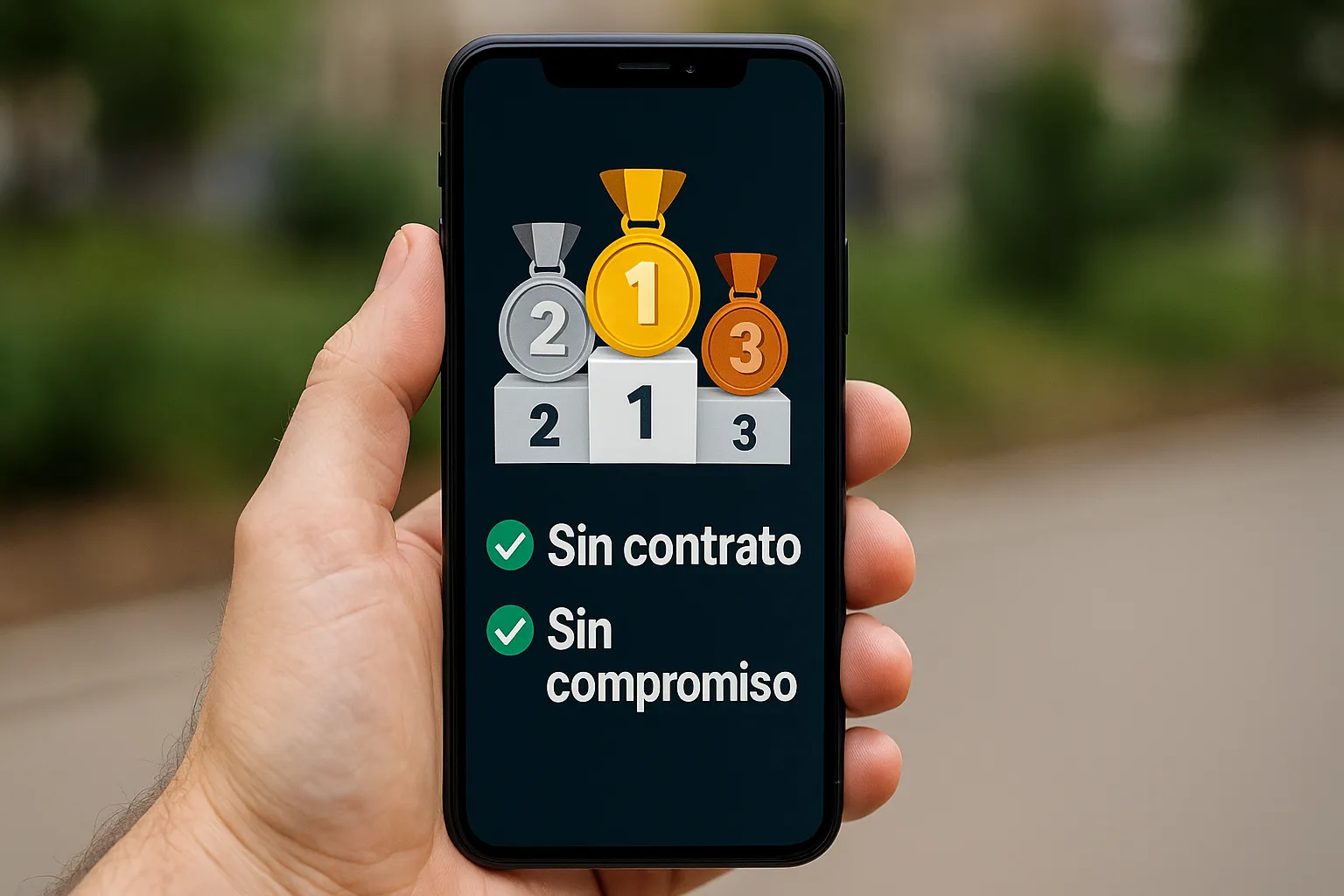 Smartphone con podio 1-2-3 con medallas y frases “Sin contrato” y “Sin compromiso” con check