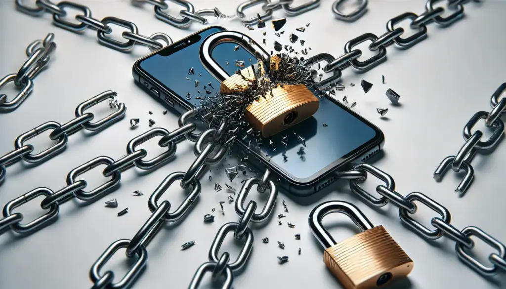 Ilustración realista de un smartphone rodeado de una cadena y un candado que se rompen, simbolizando libertad de compromiso