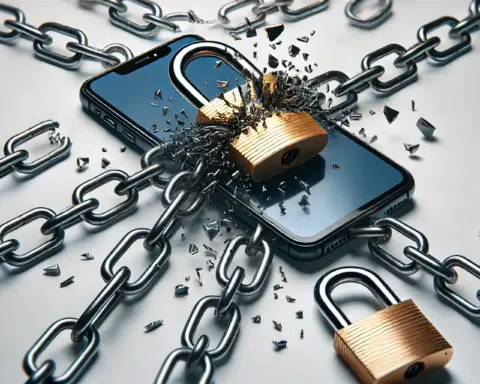 Ilustración realista de un smartphone rodeado de una cadena y un candado que se rompen, simbolizando libertad de compromiso