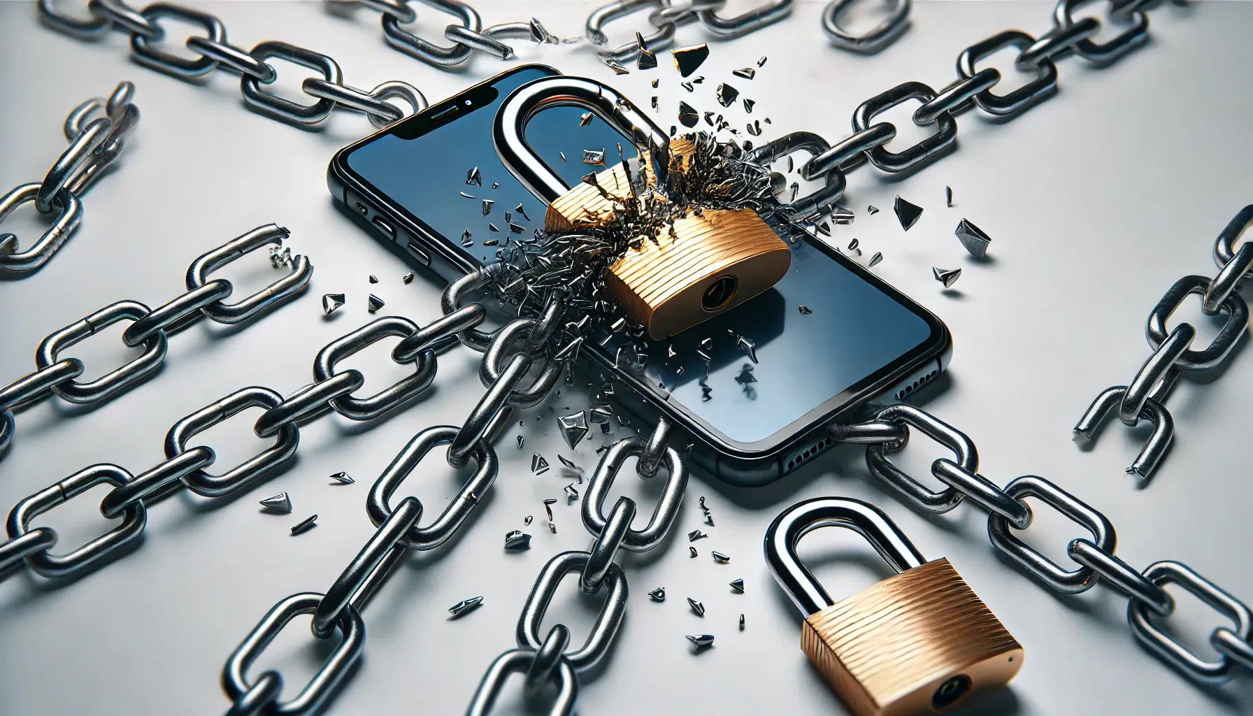 Ilustración realista de un smartphone rodeado de una cadena y un candado que se rompen, simbolizando libertad de compromiso