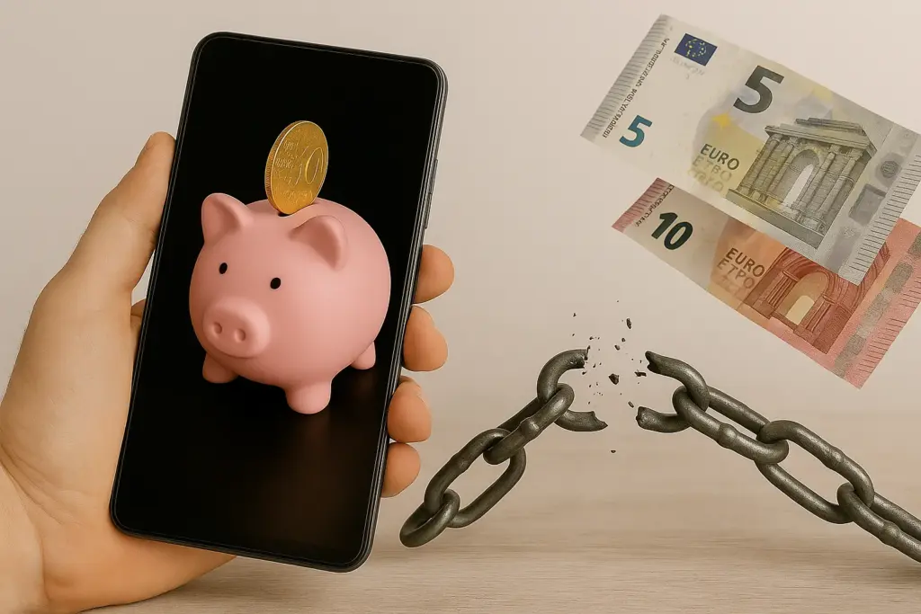 Mano con móvil y hucha rosa, junto a cadena rota y billetes flotando de 5 y 10 euros.