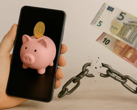 Mano con móvil y hucha rosa, junto a cadena rota y billetes flotando de 5 y 10 euros.