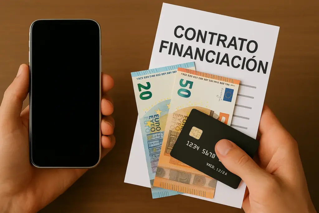 Móvil y contrato de financiación sin permanencia con tarjeta y billetes en mano.