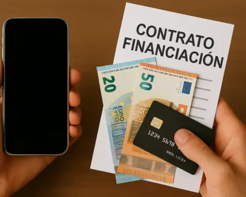 Móvil y contrato de financiación sin permanencia con tarjeta y billetes en mano.