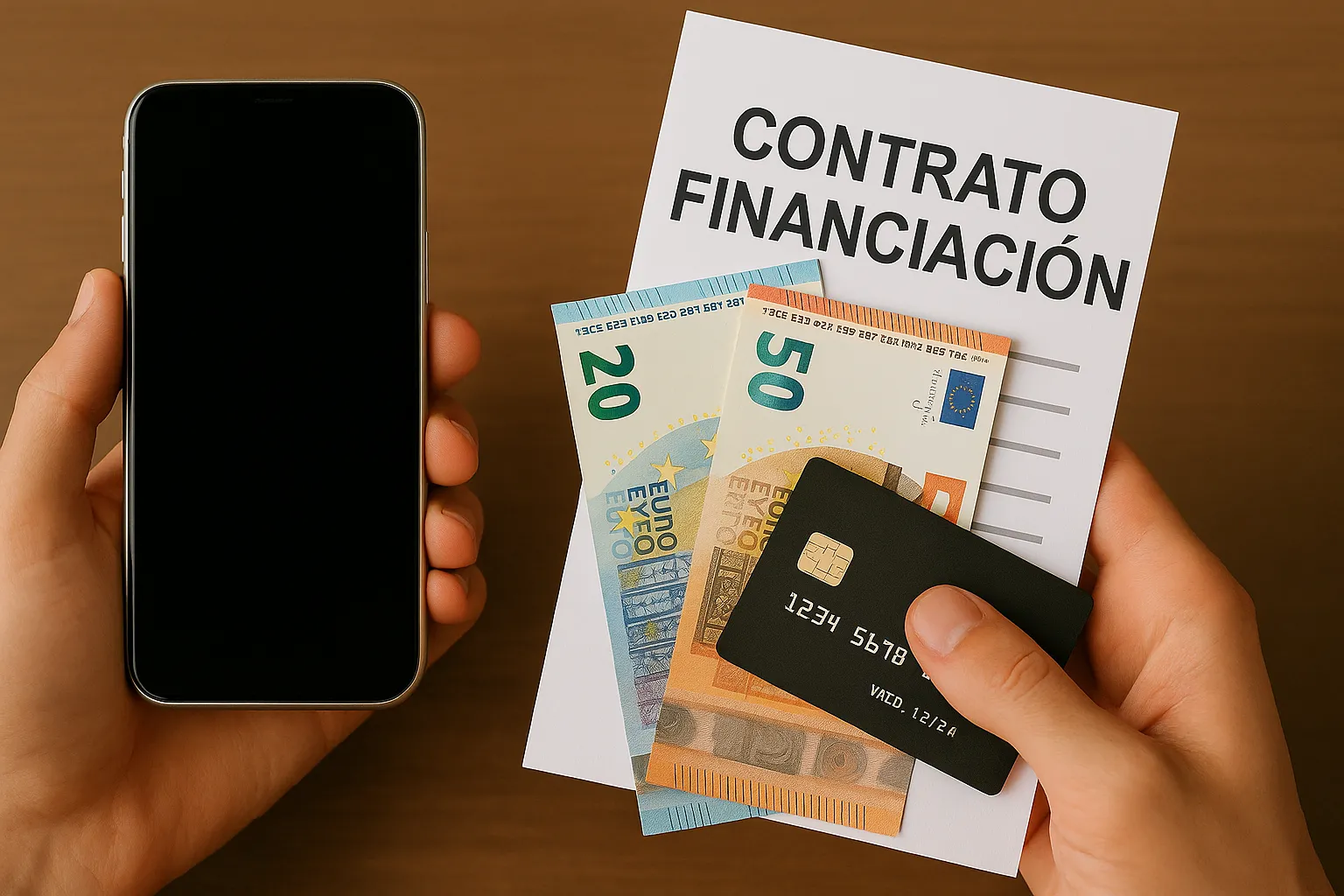 Móvil y contrato de financiación sin permanencia con tarjeta y billetes en mano.