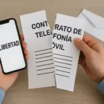 Persona rompiendo un contrato de telefonía móvil con un móvil que muestra "libertad".