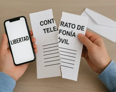 Persona rompiendo un contrato de telefonía móvil con un móvil que muestra "libertad".
