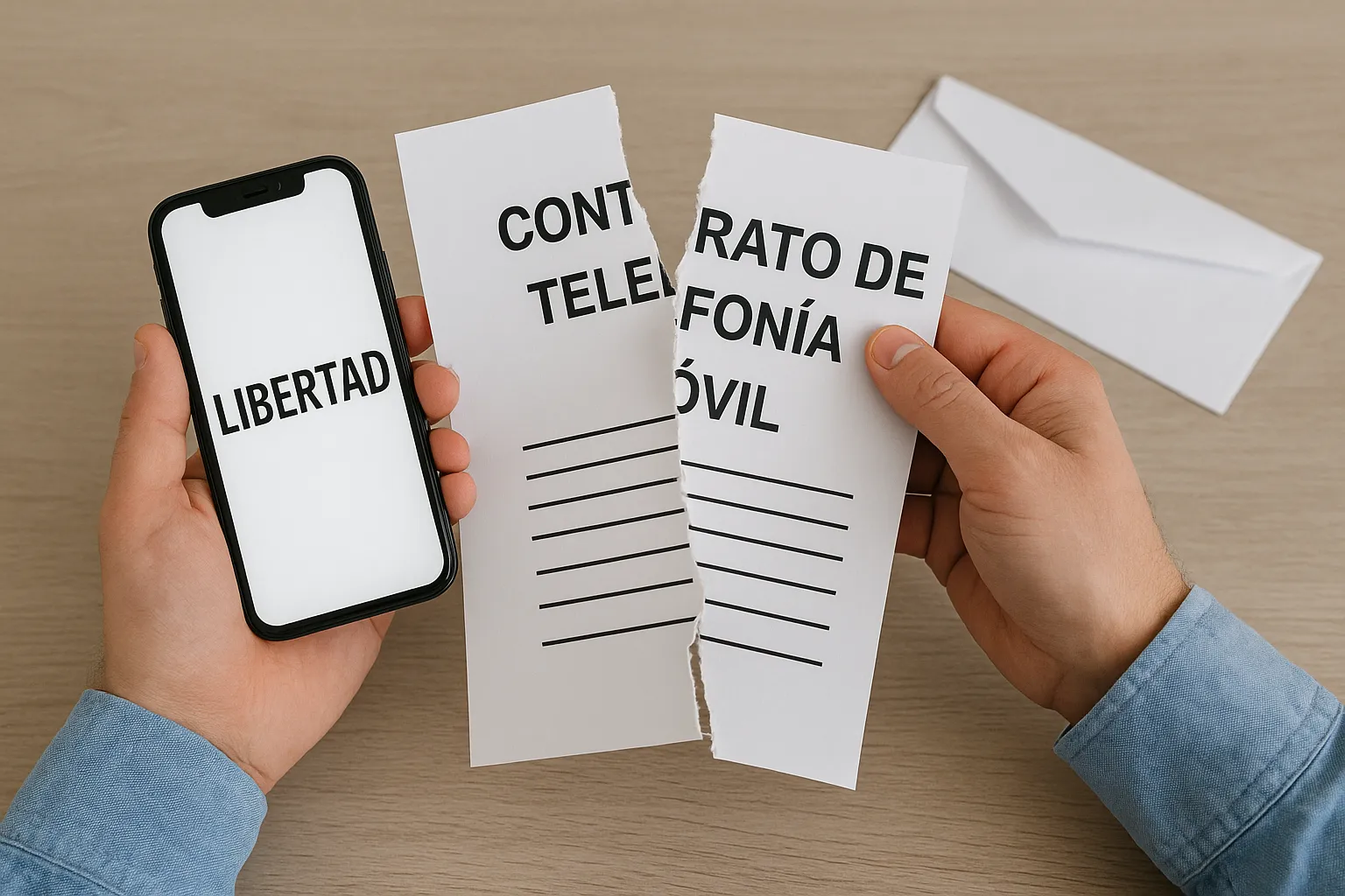Persona rompiendo un contrato de telefonía móvil con un móvil que muestra "libertad".