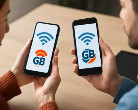 Dos personas comparten datos móviles con iconos de Wi-Fi y texto "GB" en sus smartphones