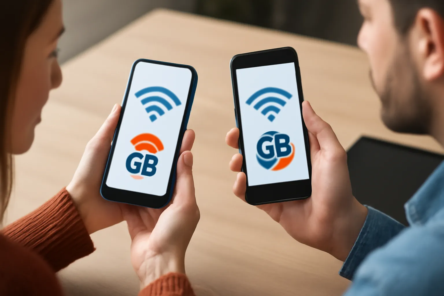 Dos personas comparten datos móviles con iconos de Wi-Fi y texto "GB" en sus smartphones