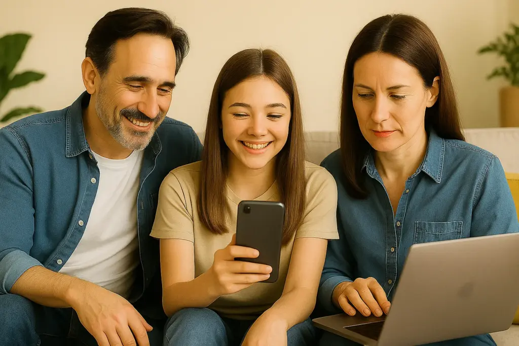 Familia usando fibra y movil en casa sin permanencia ni contratos largos.