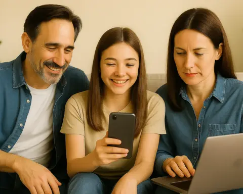 Familia usando fibra y movil en casa sin permanencia ni contratos largos.