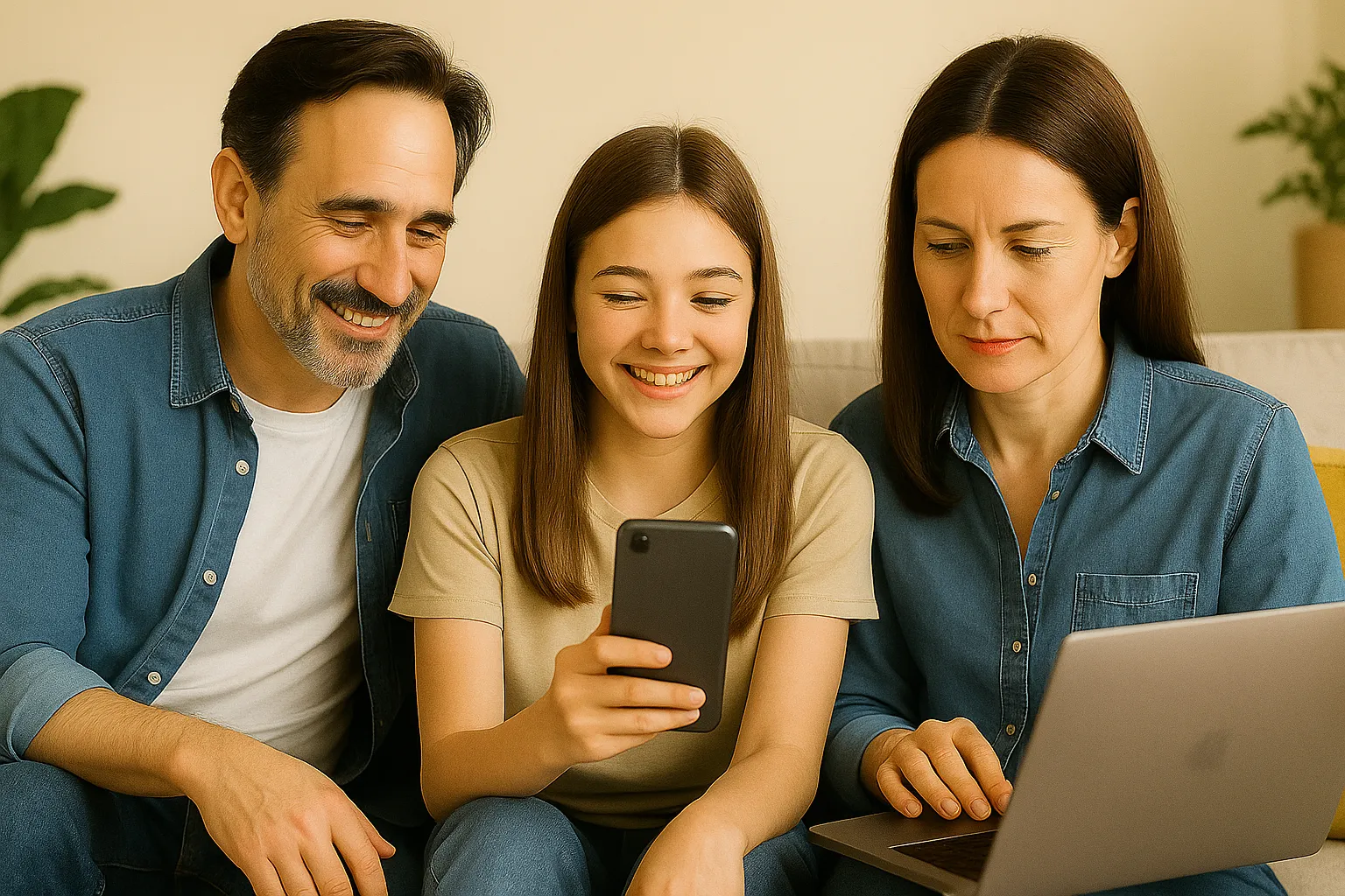 Familia usando fibra y movil en casa sin permanencia ni contratos largos.