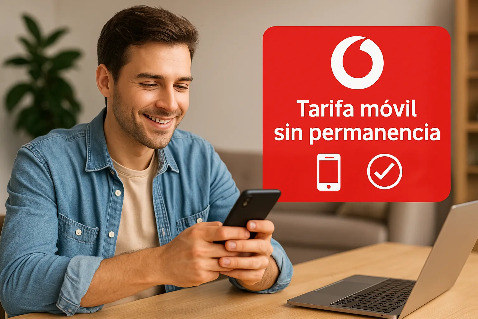 Hombre contratando tarifa Vodafone sin permanencia desde el móvil en casa