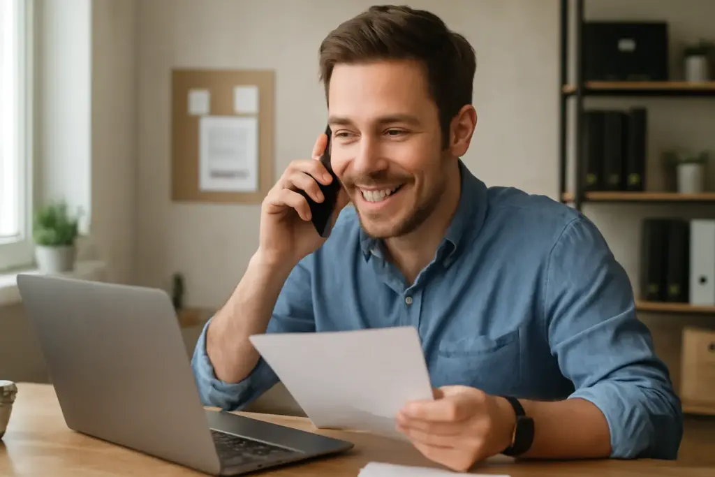 Hombre joven trabajando desde casa, hablando por móvil y revisando documentos.