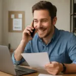 Hombre joven trabajando desde casa, hablando por móvil y revisando documentos.