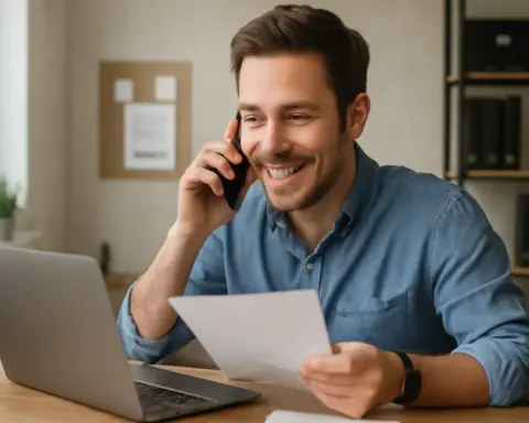Hombre joven trabajando desde casa, hablando por móvil y revisando documentos.