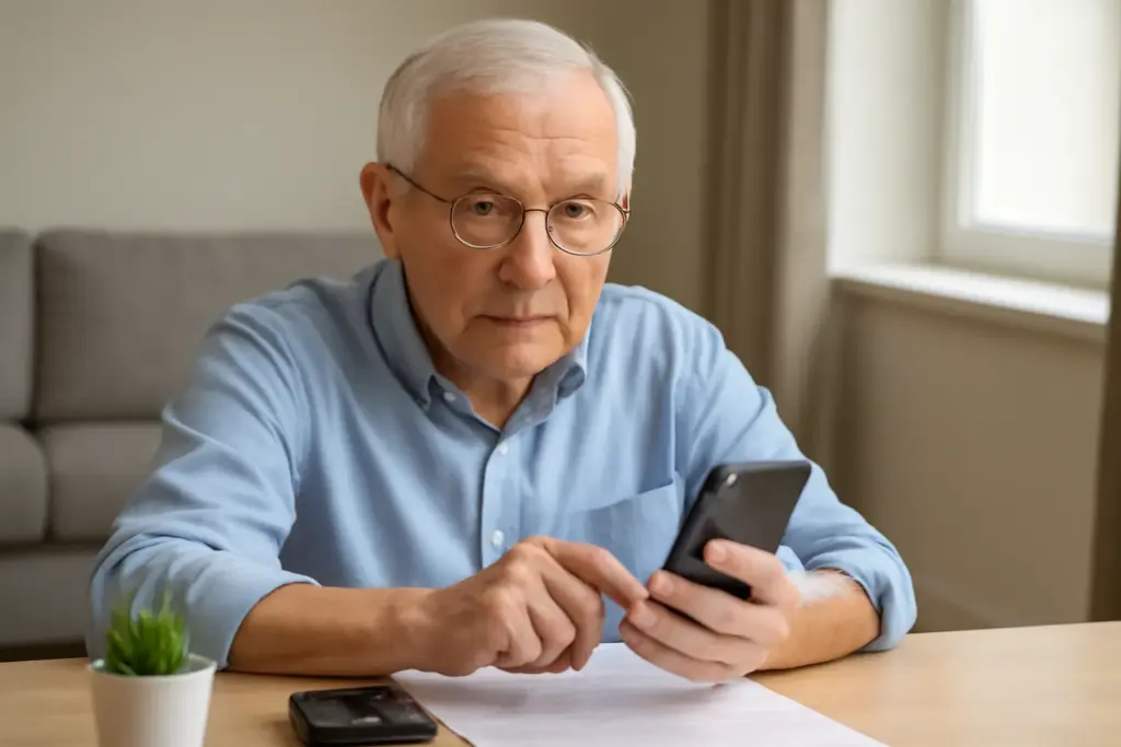 Hombre mayor con gafas mirando su móvil con atención y ojos abiertos.