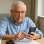 Hombre mayor con gafas mirando su móvil con atención y ojos abiertos.