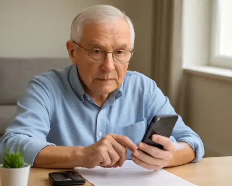 Hombre mayor con gafas mirando su móvil con atención y ojos abiertos.