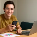 Joven revisando su móvil frente al portátil con gráfico de tarifas móviles en su escritorio