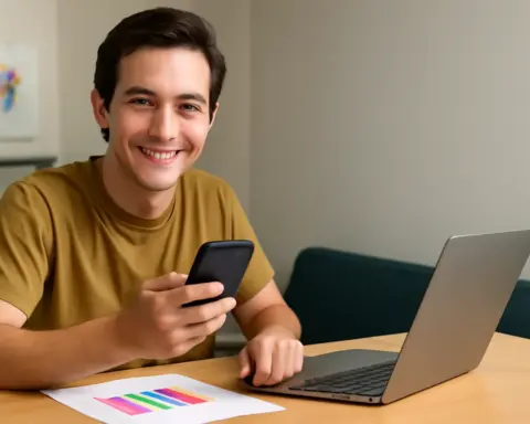 Joven revisando su móvil frente al portátil con gráfico de tarifas móviles en su escritorio